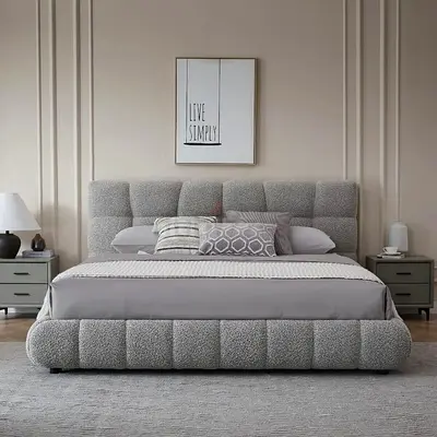 Plush Grey Upholstered King Bed with Padded Headboard