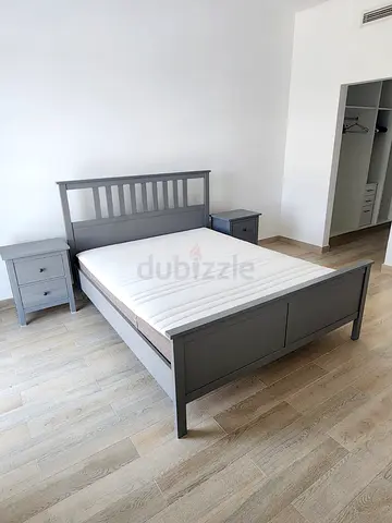 Grey Wooden Bed Frame with Two Matching Nightstands and Mattress