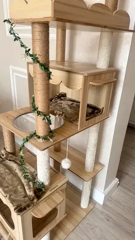 Multi-level Wooden Cat Tree with Scratching Posts and Beds