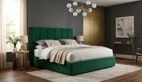 Velvet Upholstered King Bed with Padded Headboard - Green