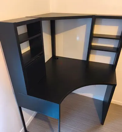 Corner L-shaped Black Computer/Study Desk with Shelves
