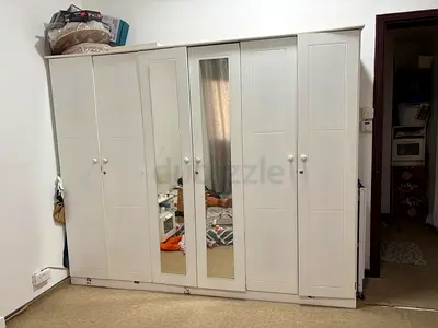 Large White 6-Door Wardrobe with Mirror - Good Condition