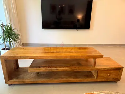 Solid Mongo Wood Modern TV Unit / Entertainment Center - Natural Finish