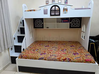 White wooden bunk bed with stairs and storage - double lower bed