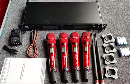 4-Channel Wireless Handheld Microphone System with Receiver (Red Mics)