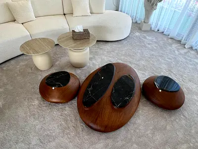 Mid-century Modern Wooden Coffee Table Set with Black Marble Insets (4pcs)