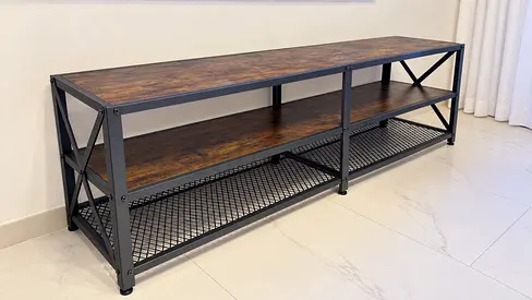 Industrial TV Console / Media Unit - 2 Shelves + Mesh Bottom