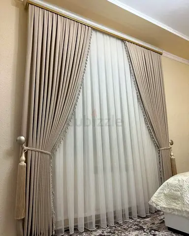 Elegant Beige Living Room Curtains with Sheer Inner Panel