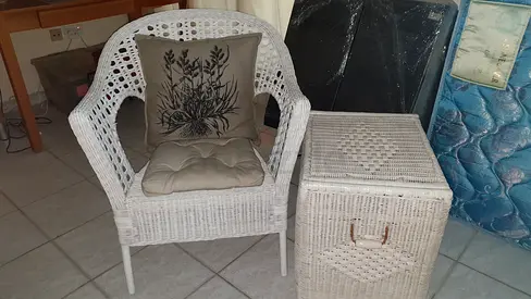 White Wicker/Rattan Chair & Storage Table Set