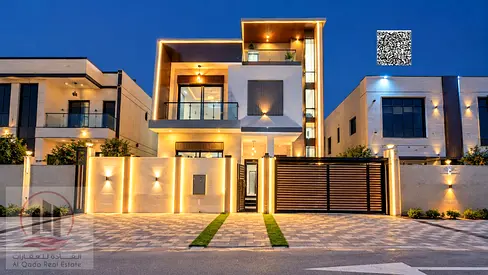 Luxury three-story villa for sale in Al Helio, Ajman. Location: Behind Sheikh Mohammed Bin Zayed Road, opposite Al Humaidiya Park.