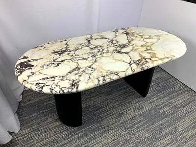 Elegant Custom Made Marble Dining Table with Natural Stone Pattern, Soft Rounded Corners and Decorat