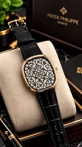 Patek Philippe Rose Gold Dress Watch with Engraved Dial and Black Croc Strap
