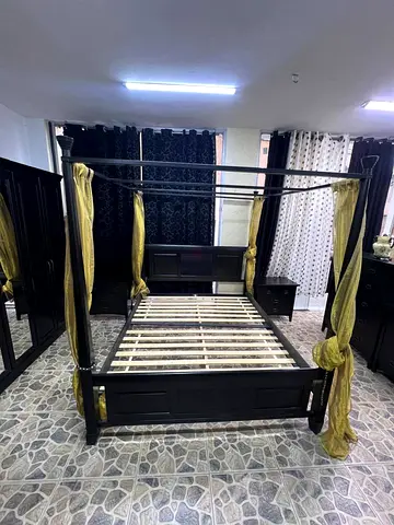 Four-poster wooden double bed frame with canopy (dark finish)