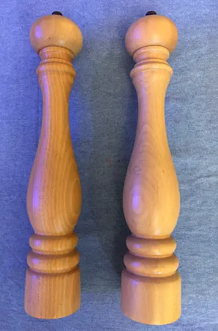 Pair of wooden pepper/salt mills - classic turned design French brand Peugeot