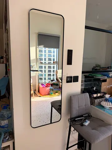 Large Full-Length Wall Mirror with Rounded Corners - Black Frame
