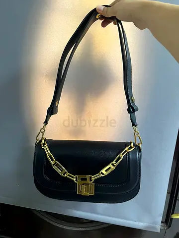 Black leather shoulder bag with gold chain detail- Original Karl Lagerfeld