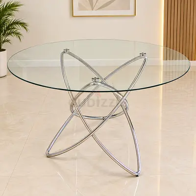 Round Glass Dining Table with Modern Chrome Base - 4 Seater