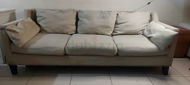 Beige 3-Seater Fabric Sofa with Cushions - Good Condition