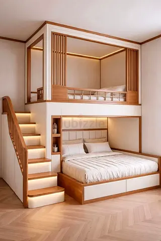 Modern wooden loft bunk bed with stairs and storage