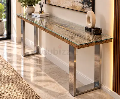 Marina Home Railway Wood Console With Glass Top