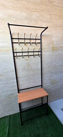 Metal Hall Tree Coat Rack with Shoe Shelf and 8 Hooks - Black Frame, Wood Shelf