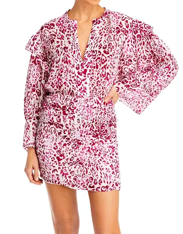 Women's Pink Leopard Print Long Sleeve Short Dress - Size XS 34
