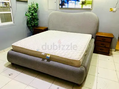 Grey upholstered double bed frame with mattress - good condition