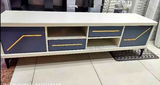 Modern low TV entertainment unit with storage - white and grey
