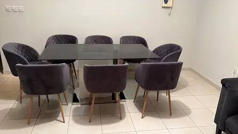Glass Top Dining Table with 8 Upholstered Chairs