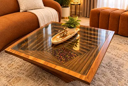 Luxurious sculptural walnut glass coffee table