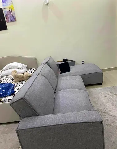 Grey L-shaped Fabric Sofa with Chaise - Good Condition