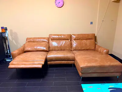 Genuine Leather L-Shaped Recliner Sofa - Tan, Good Condition