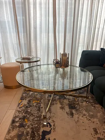 Large Round Glass Coffee Table with Gold Metal Frame - Good Condition