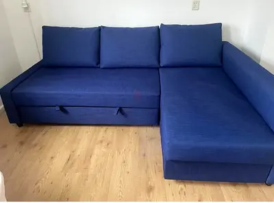 Modern Blue L-Shaped Sofa Bed with Pull-Out Storage