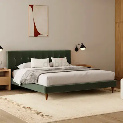 Green velvet button tufted super king size bed