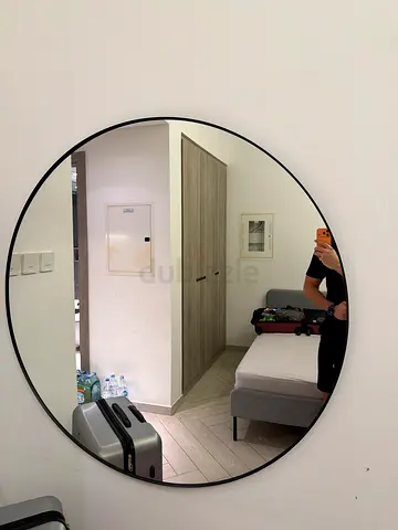 Large Round Wall Mirror with Thin Black Frame - Used