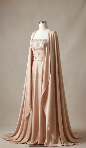 Elegant blush evening gown with matching draped cape