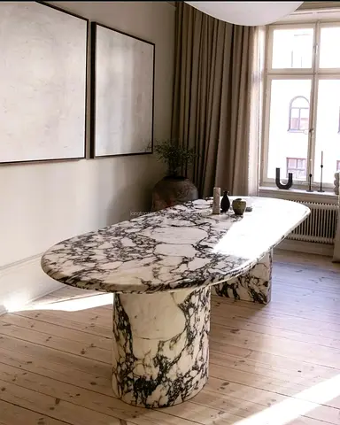 Modern Custom Dining Table with White Marble Top, Rounded Edges and Full Fluted Pedestal Support