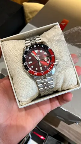 Seiko 5 GMT-style Stainless Steel Watch with Red/Black Bezel