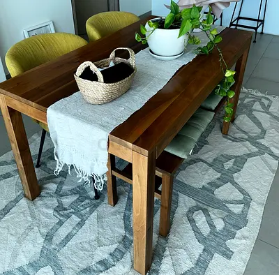 MUJI Solid Wood Dining Table with Bench and 2 West Elm Chairs - Acacia/Teak Finish