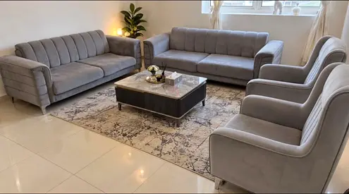 Gray Velvet 3+3 Sofa Set with 2 Armchairs — Good Condition