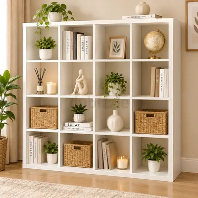 Modern White 16-Cube Storage Bookcase Unit