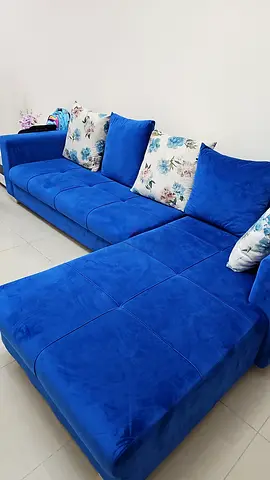 Blue L-shaped Velvet Corner Sofa — Good Condition (IKEA)