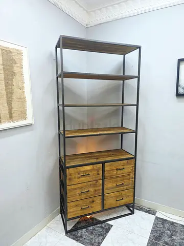 Modern Industrial Wood and Metal Open Bookshelf with Drawers