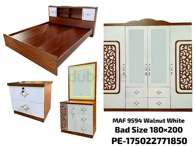Walnut & White 3-Piece Bedroom Set – Bed, Wardrobe & Nightstand (180x200)