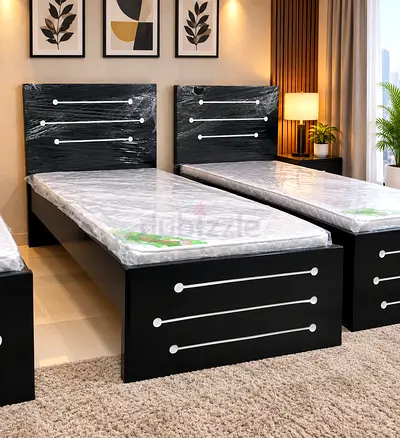 Set of 3 Single Black Wooden Beds with Headboards (Mattresses Included)