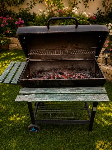 Used Charcoal BBQ Grill with Side Shelves and Wheels