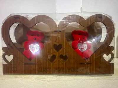 Wooden heart display with two red teddy bears — 'Just For You'