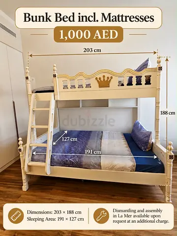Wooden Bunk Bed with Mattresses - Sleeps 3, Cream Finish (203x188cm)
