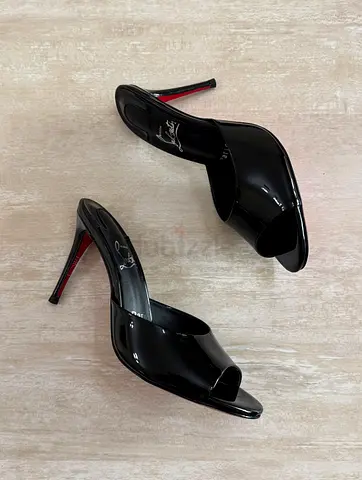Genuine black patent high heel mules, peep-toe, size 37